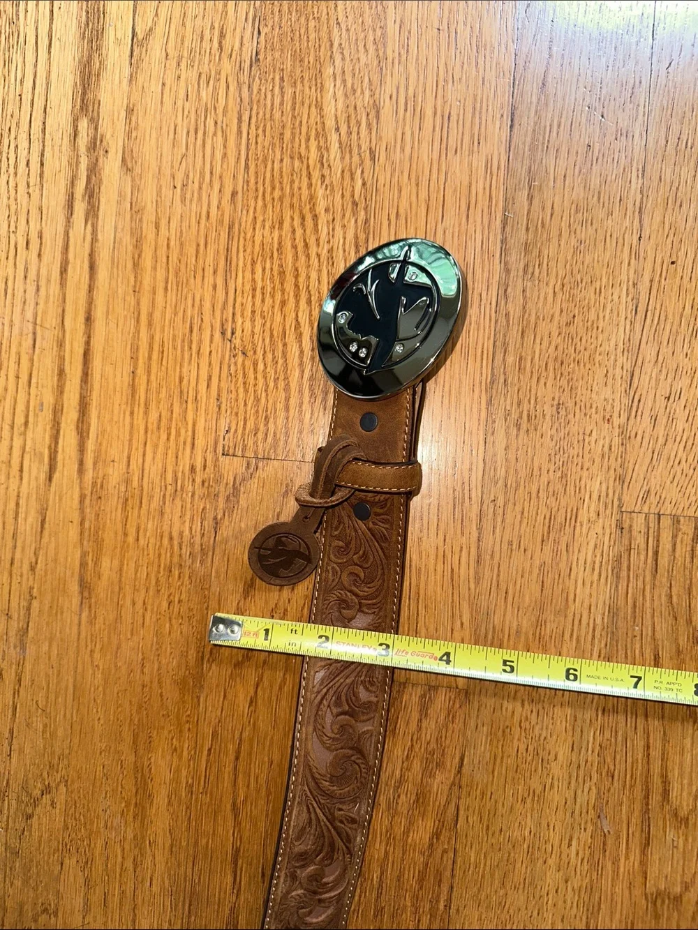 Justin Boots Brown Tooled Leather Belt with Shiny Silver-Tone Round Buckle